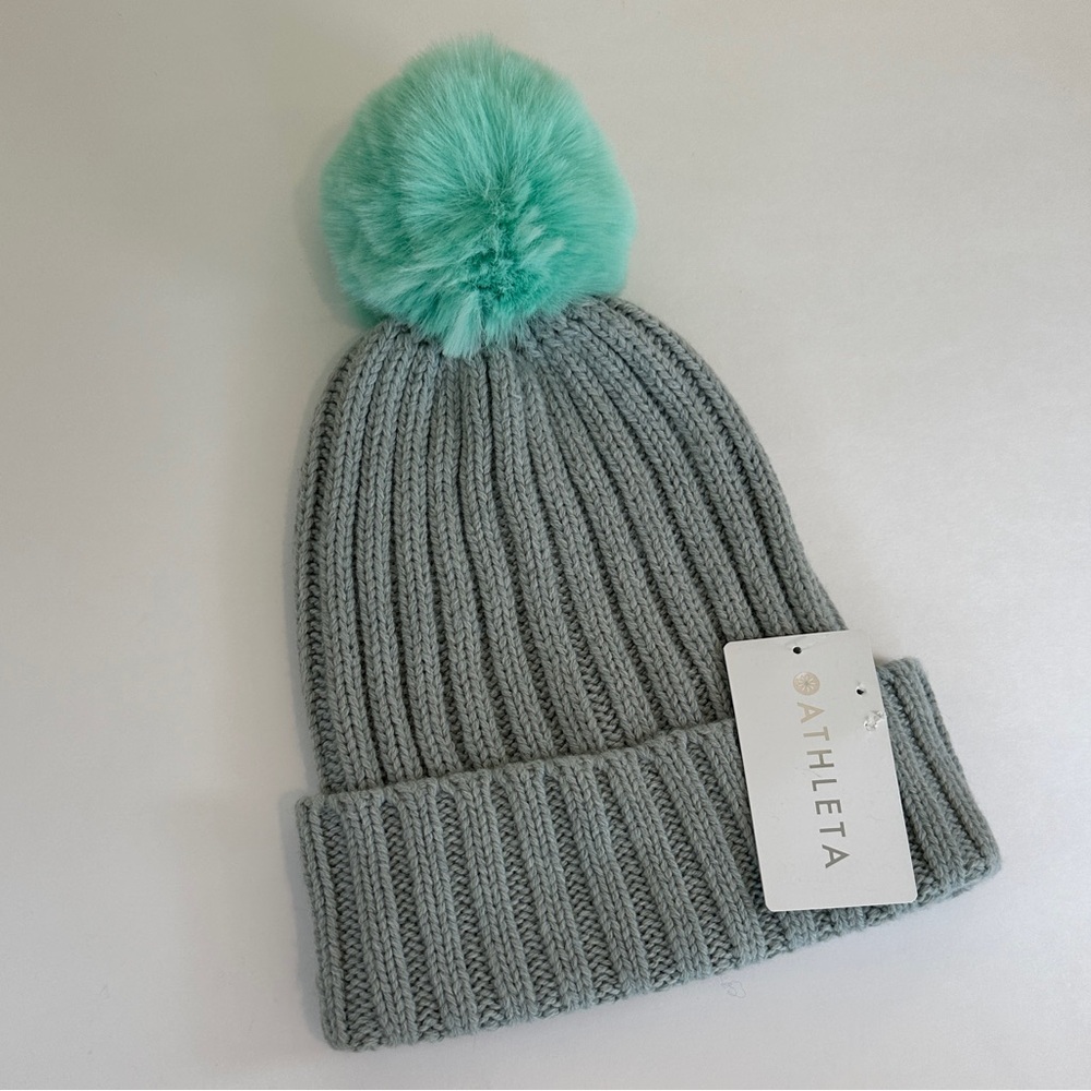 Athleta • Knit Beanie Wool Blend with Large Green Pom